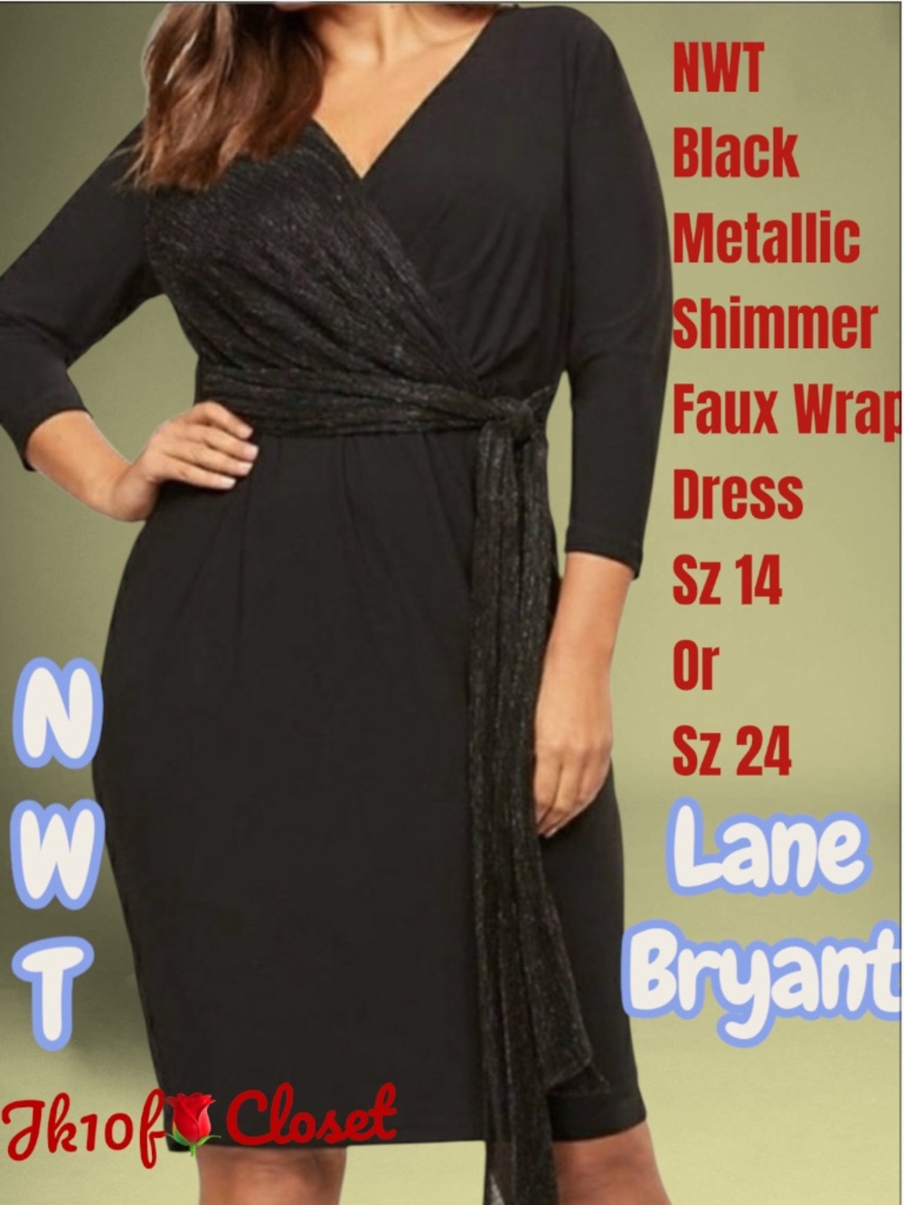 LOWEST🌺 NWT LANE BRYANT Sz 14 or Sz24 BLACK w/ BLK METALLIC FAUX WRAP DRESS